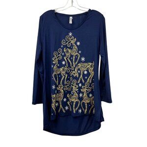 M&C Women’s Long Sleeve Scoop Neck Reindeer Top Navy/Metallic Size Large